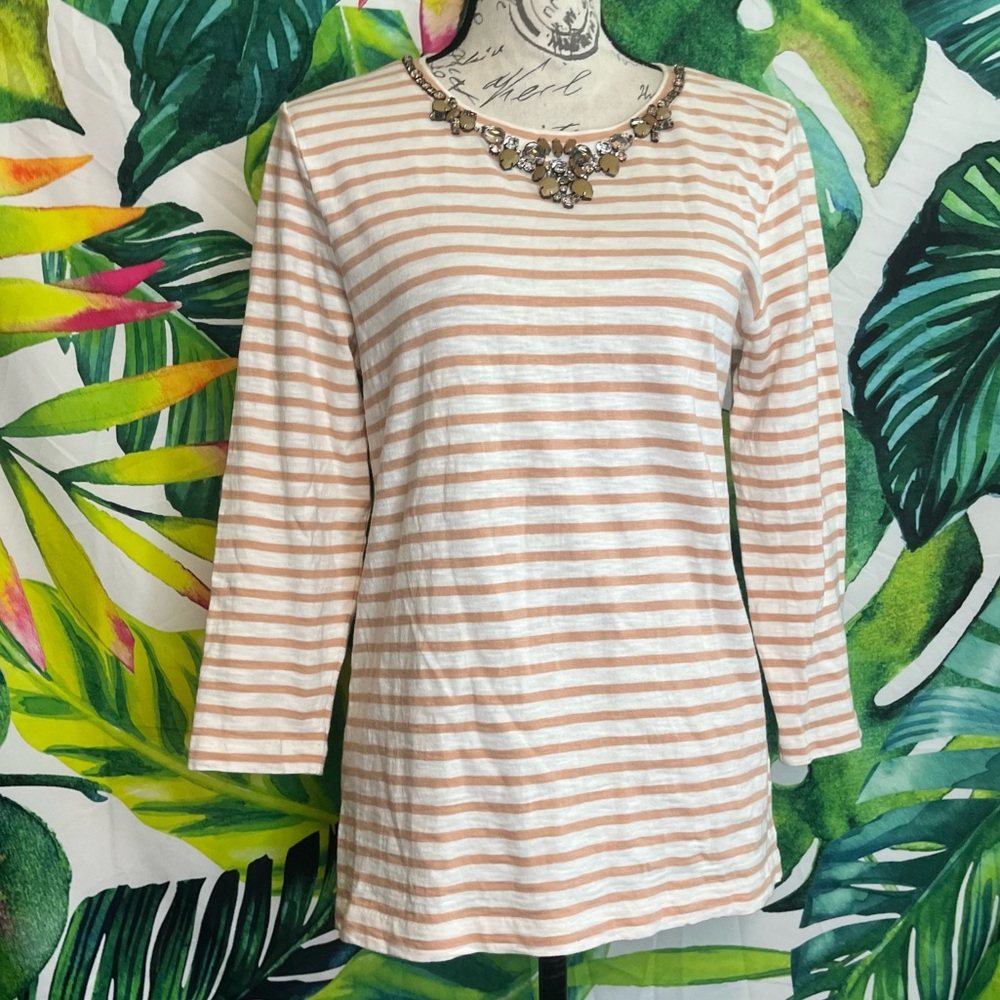 J. Crew M Tan Beige Cream Striped Jeweled V Neck Tunic Zip Back Preppy Tee